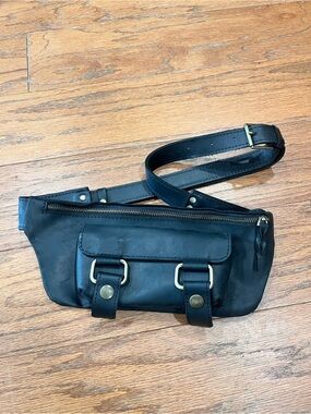Handmade Black Leather Belt Bag Crossbody Fanny Pack Waist Hip Utility pouch